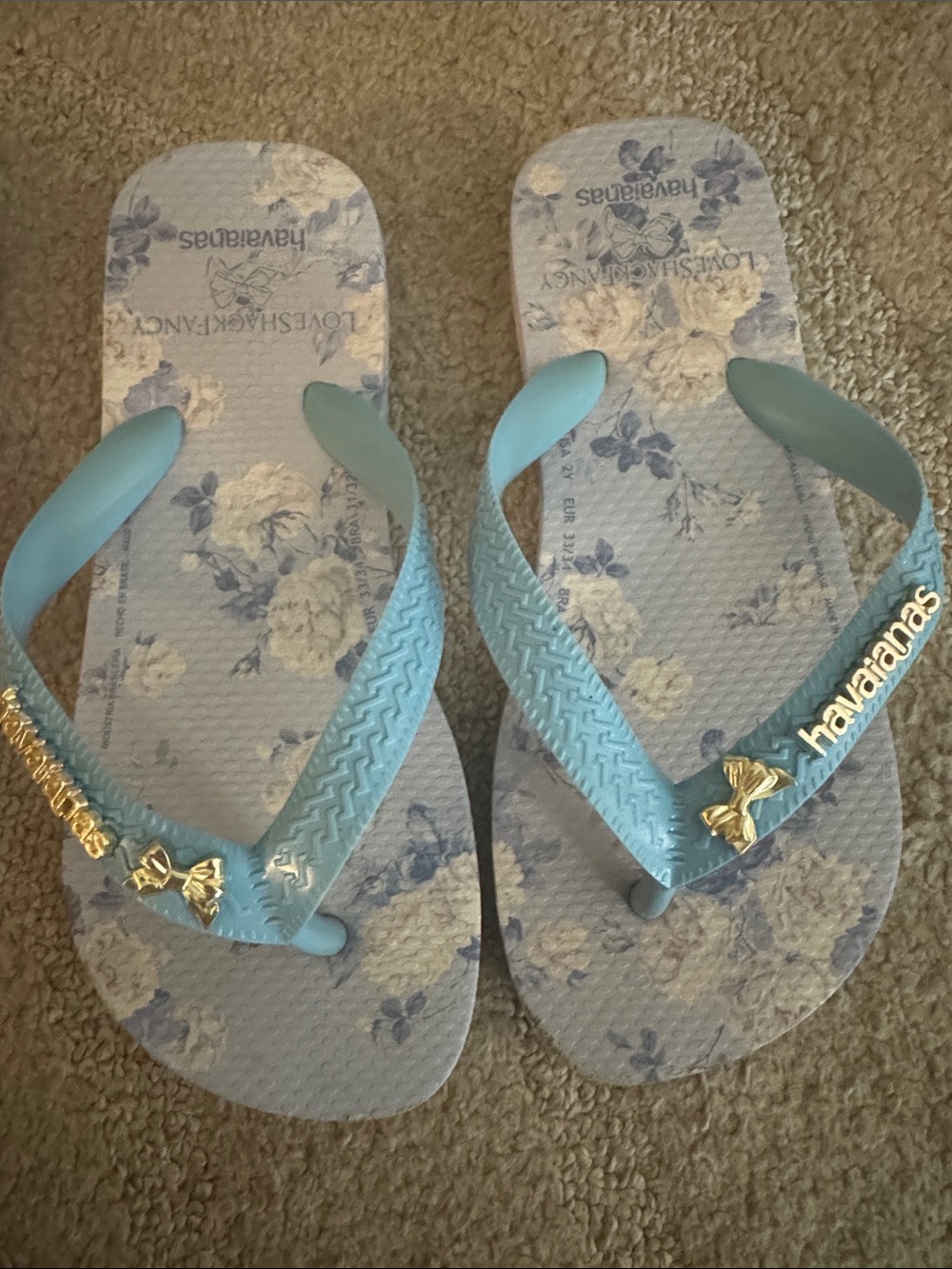 Love Shack Fancy x Havaianas Light Blue Floral Flip Flops with Gold Accents